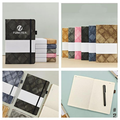 A5 Denim Grid Pattern Lined Notebook W/ Elastic Band