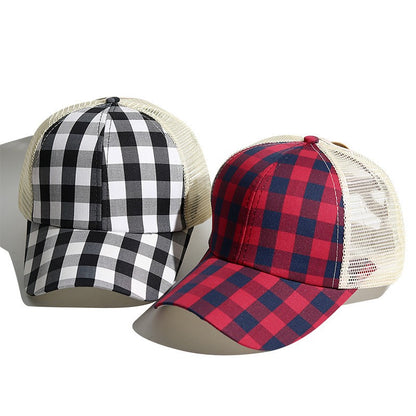 Embroidered Classic Plaid Ponytail Trucker Cap