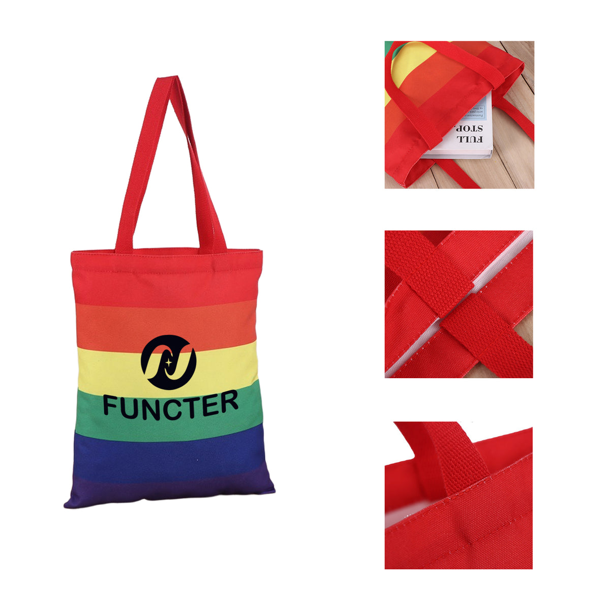 Rainbow Reusable Cotton Canvas Grocery Tote Bag 13 x 15"