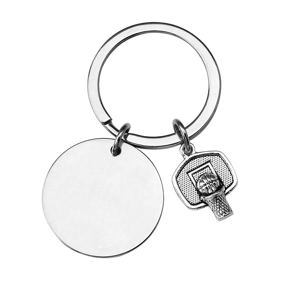 Metal Round Plate Shoot Basketball With Two Side Laser Engraved Keychain