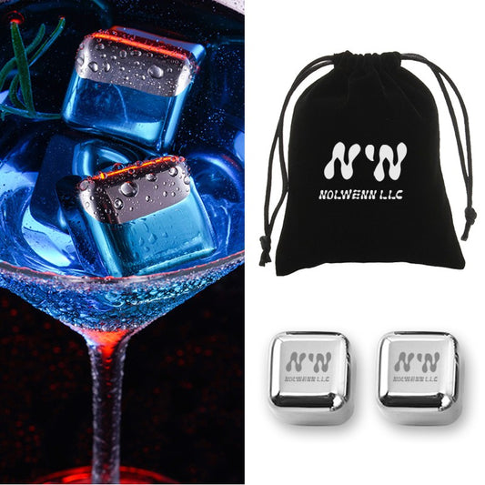 2 pcs Stainless Steel Wine Ice Cube W/ Velvet String Bag