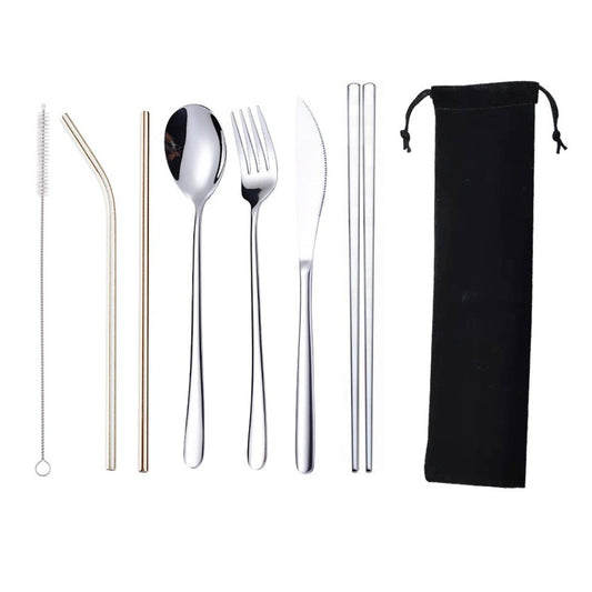 7-Piece 304 Stainless Steel Flatware Chopstick Spoon Straw Fork Knife Tableware Set W/Bag(Silver)